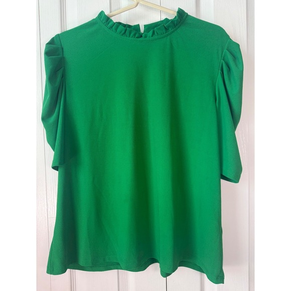 CeCe Women's Blouse XL Green Ruffle Neck Short Sleeve Top Pullover - Picture 1 of 10